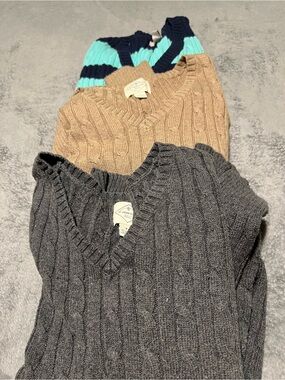 3-Pack Cable Knit V-Neck Sweaters - Gray, Camel, Aqua/Navy